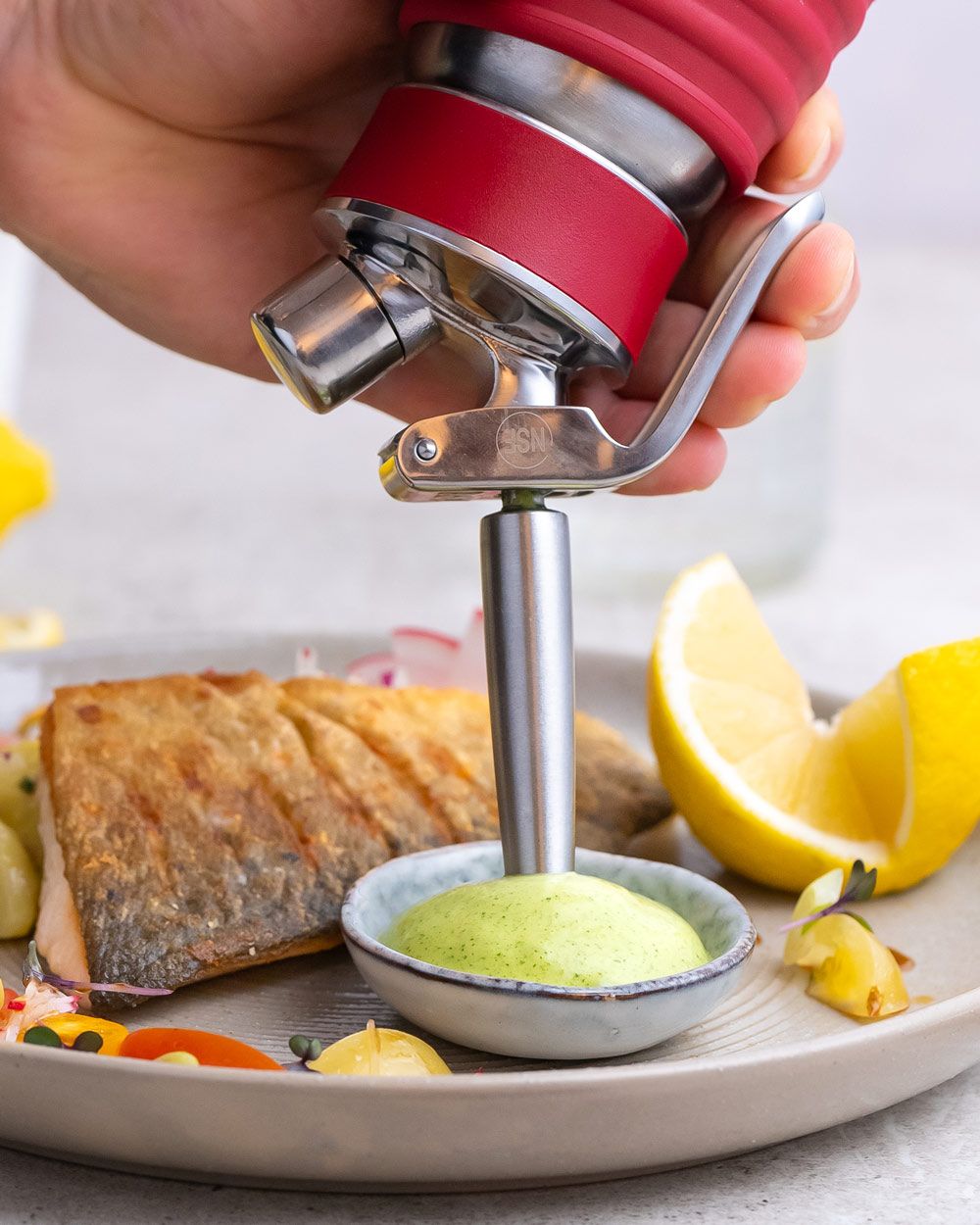 Auf dem Bild wird mit einem iSi Gourmet Whip mit rotem Silikonüberzug eine grüne Creme in eine kleine Schale neben einem Fischgericht gespritzt.