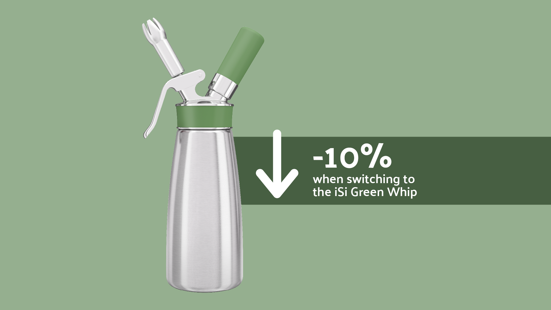 EIn iSi Green Whip vor grünem Hintergrund, daneben der Text "-10% when switching to iSi Green Whip".