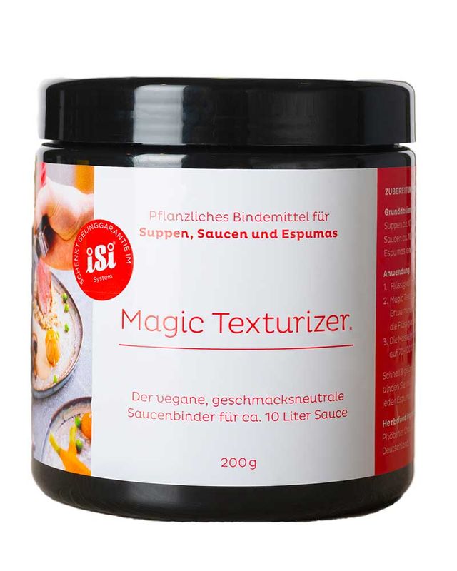 Das Bild zeigt einen verschlossenen Behälter iSi Magic Texturizer mit rotem Etikett.