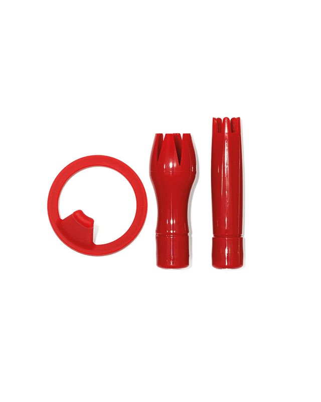 Rotes iSi Dekortüllen-Set bestehend aus einem Dichtungsring und zwei unterschiedlichen Tüllen.