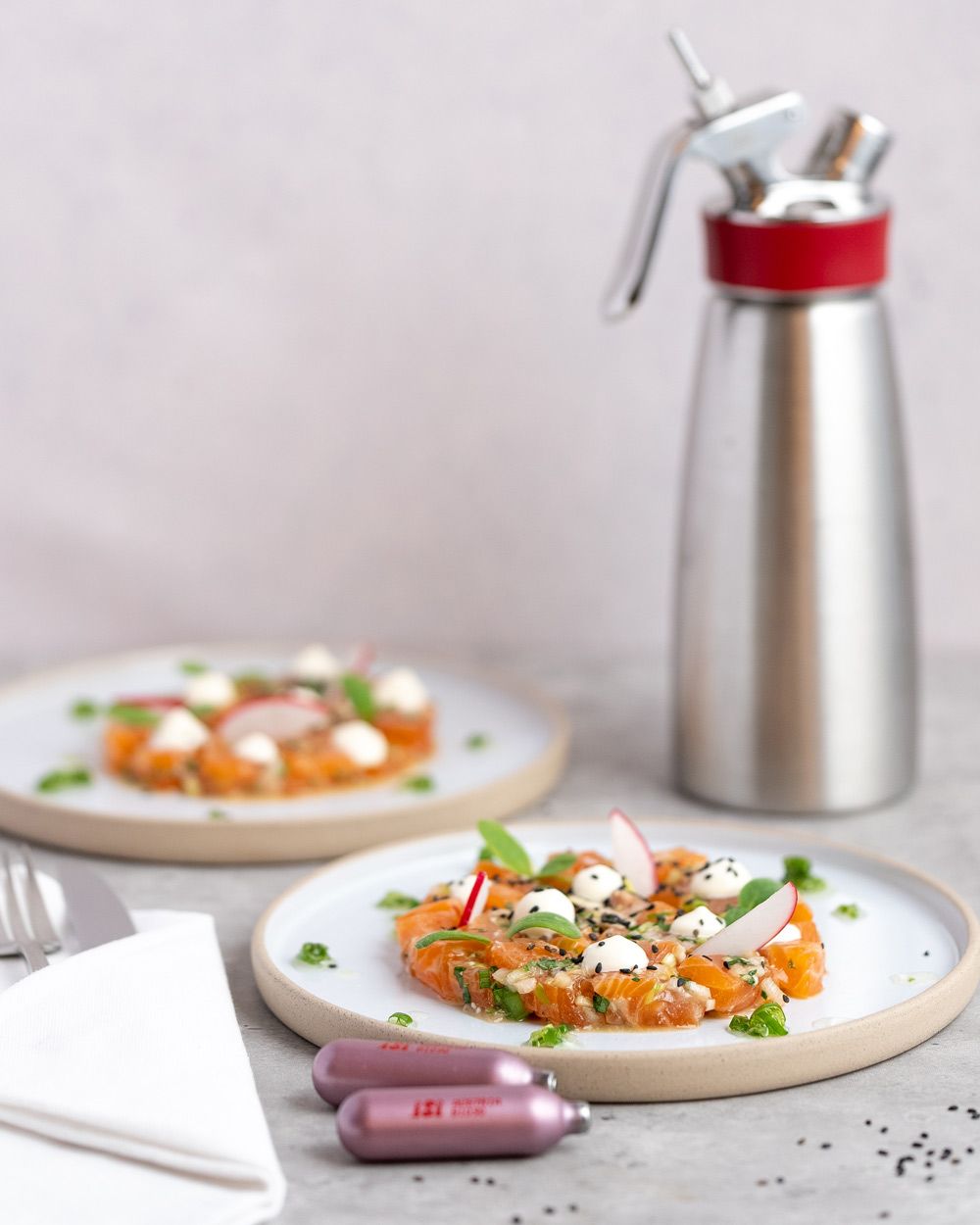 Zwei Teller mit Lachs Tatar und Yuzu Creme, daneben liegen iSi Charge Kapseln und im Hintergrund steht ein iSi Gourmet Whip.