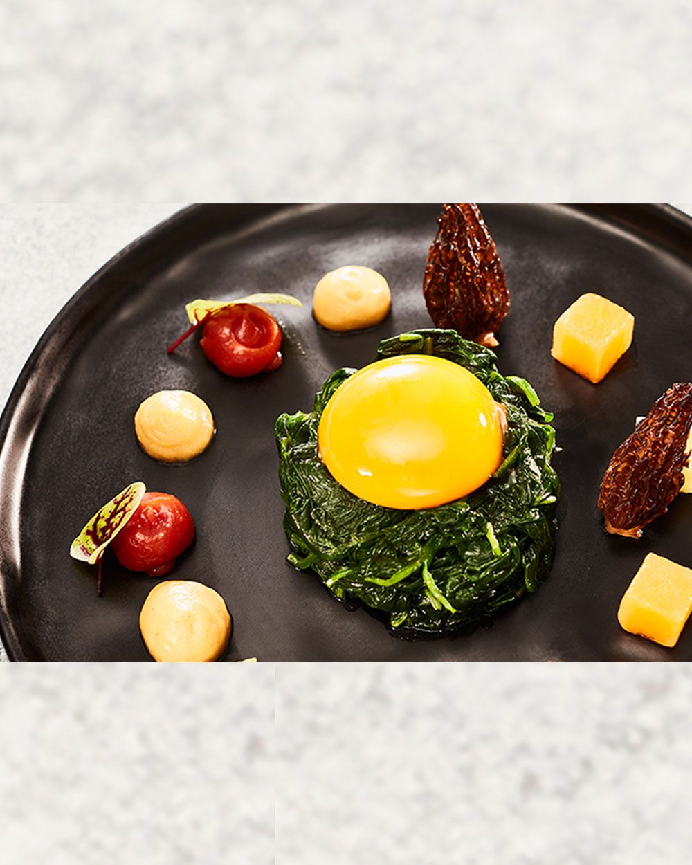 Ein Teller mit Spinat, Ei und Gewürzschaum. 