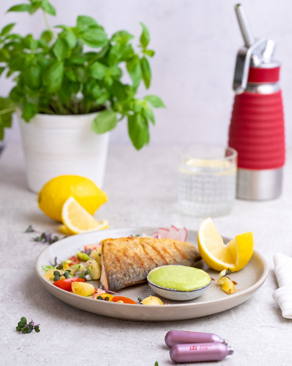 Auf dem Bild ist ein Teller mit gebratenem Fischfilet, Gemüse und grüner Sauce angerichtet, im Hintergrund steht ein iSi Gourmet Whip mit rotem Silikonüberzug.
