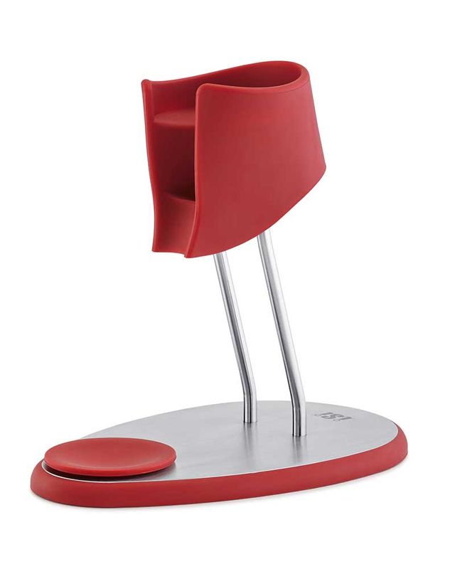 Das Bild zeigt einen iSi Whipper Holder in Rot-Silber aus Edelstahl und Kunststoff, der als Halterung für iSi Whips dient.